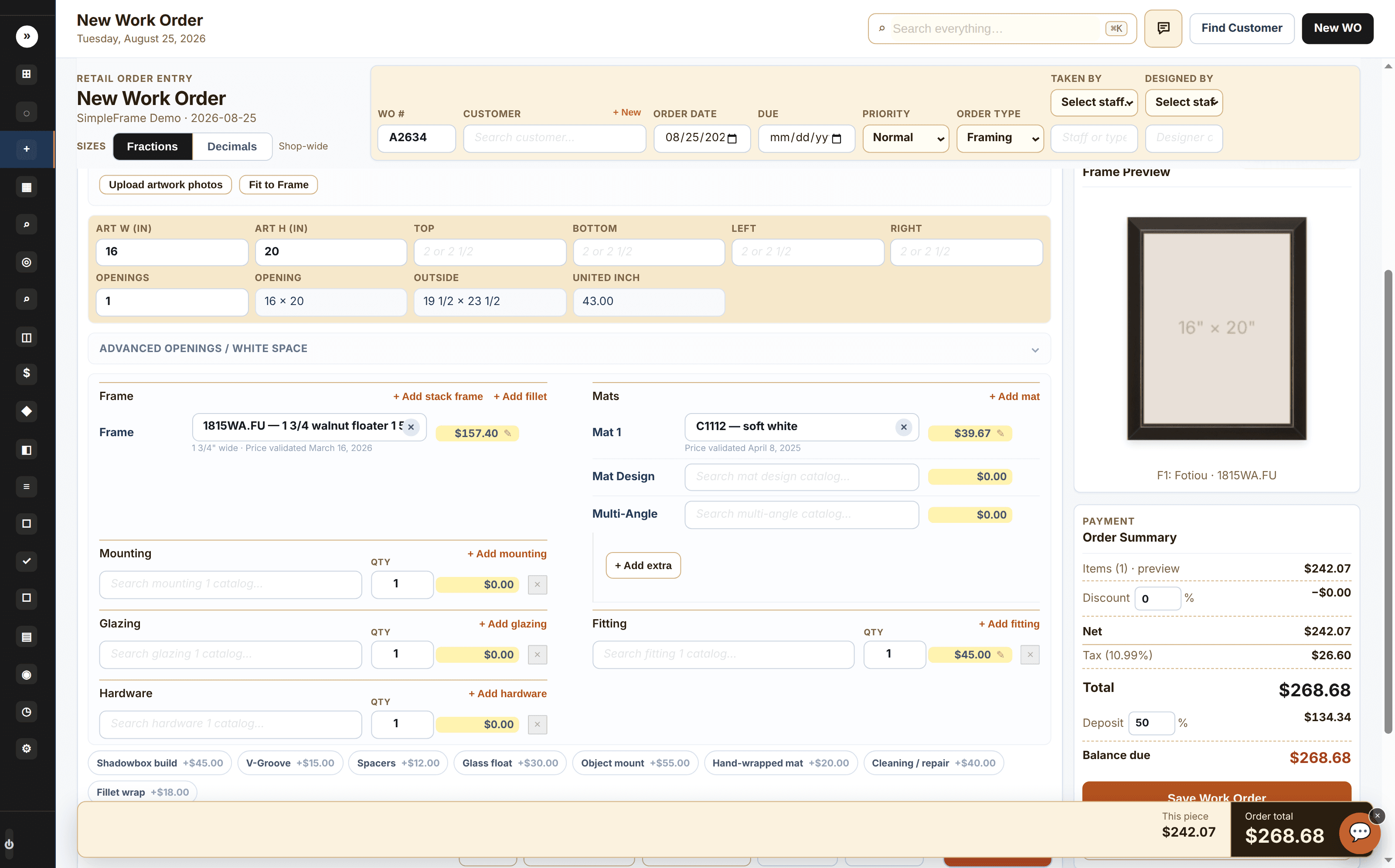 SimpleFrame work order builder for a 16×20 piece — live walnut floater frame preview, soft-white mat, united-inch sizing, and the running order total