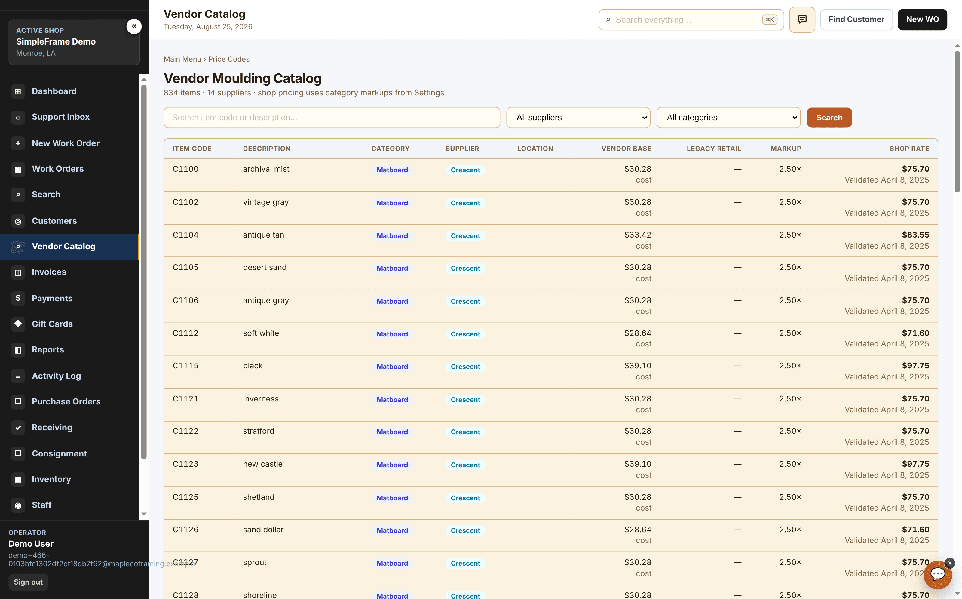 SimpleFrame vendor catalog listing item codes, descriptions, suppliers, vendor base cost, markup, and shop rate
