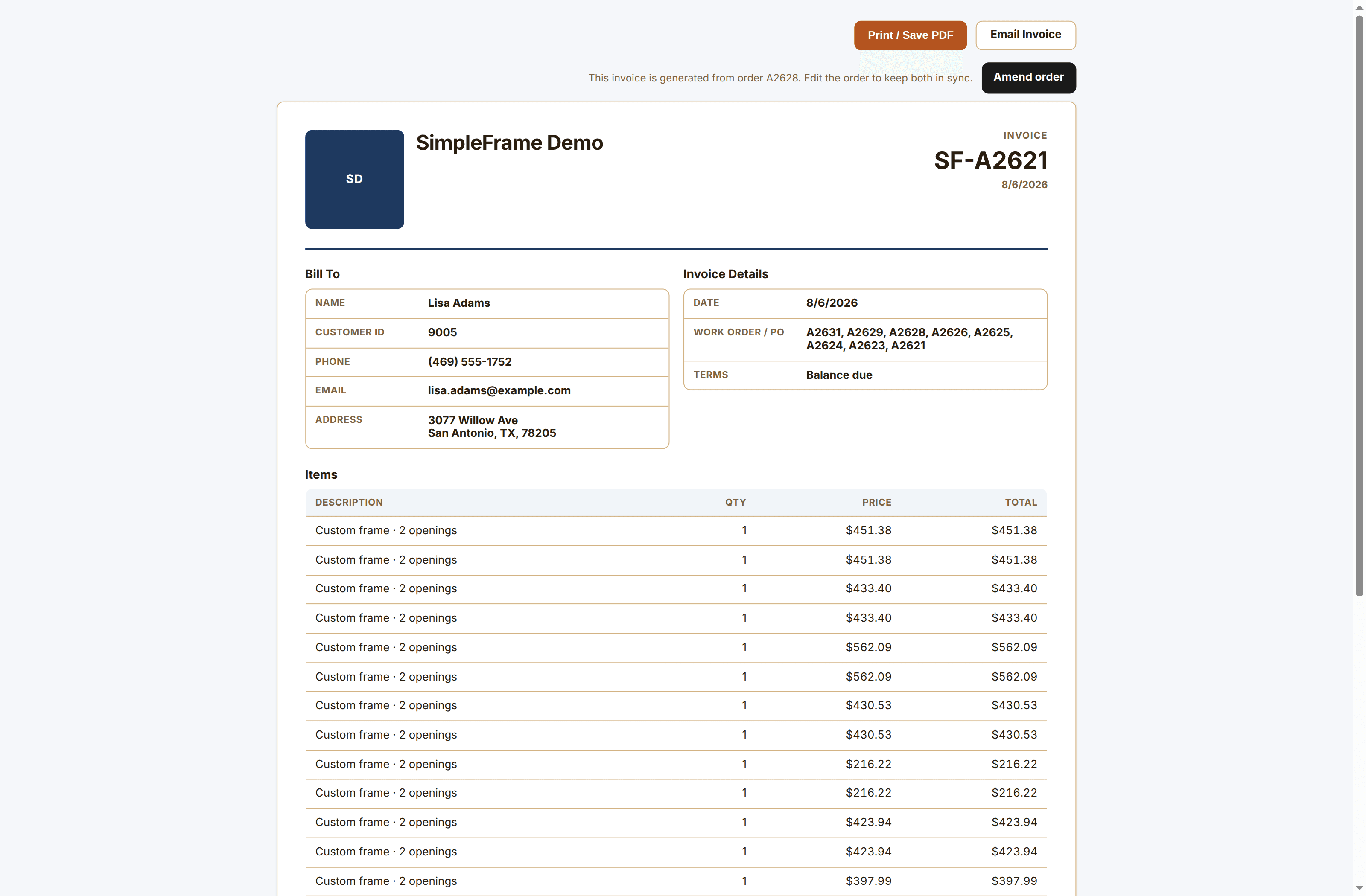 Printable SimpleFrame invoice with customer billing details, work-order references, and custom framing line items